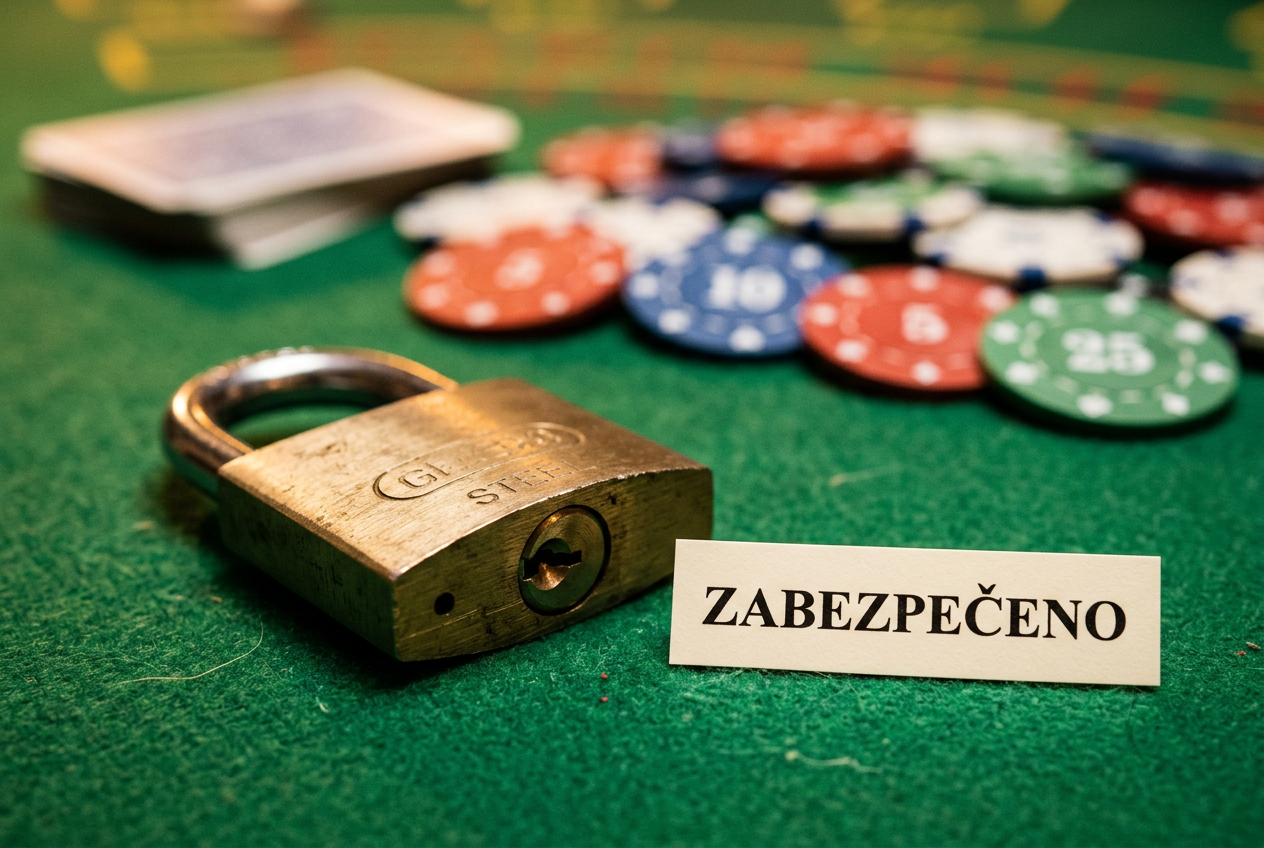 Ilustrace zabezpečení s visacím zámkem na pozadí herního stolu